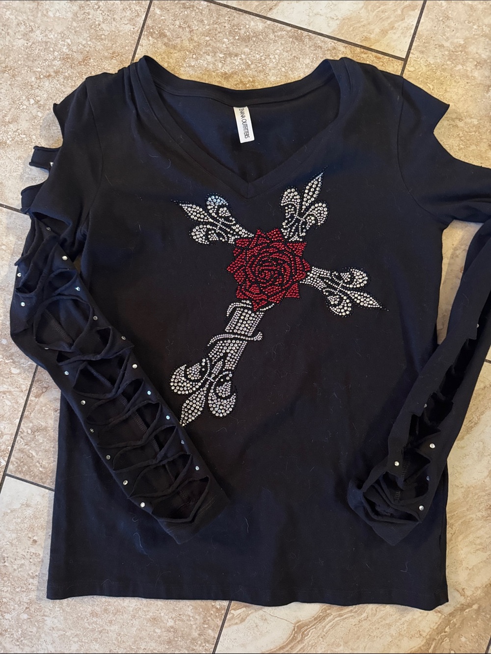 Women's Black‎ Rhinestone Rose Cutout Sleeve Top
